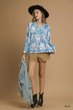 Boho Paisley Floral V-Neck Blouse – Tassel Tie & Balloon Sleeve Top