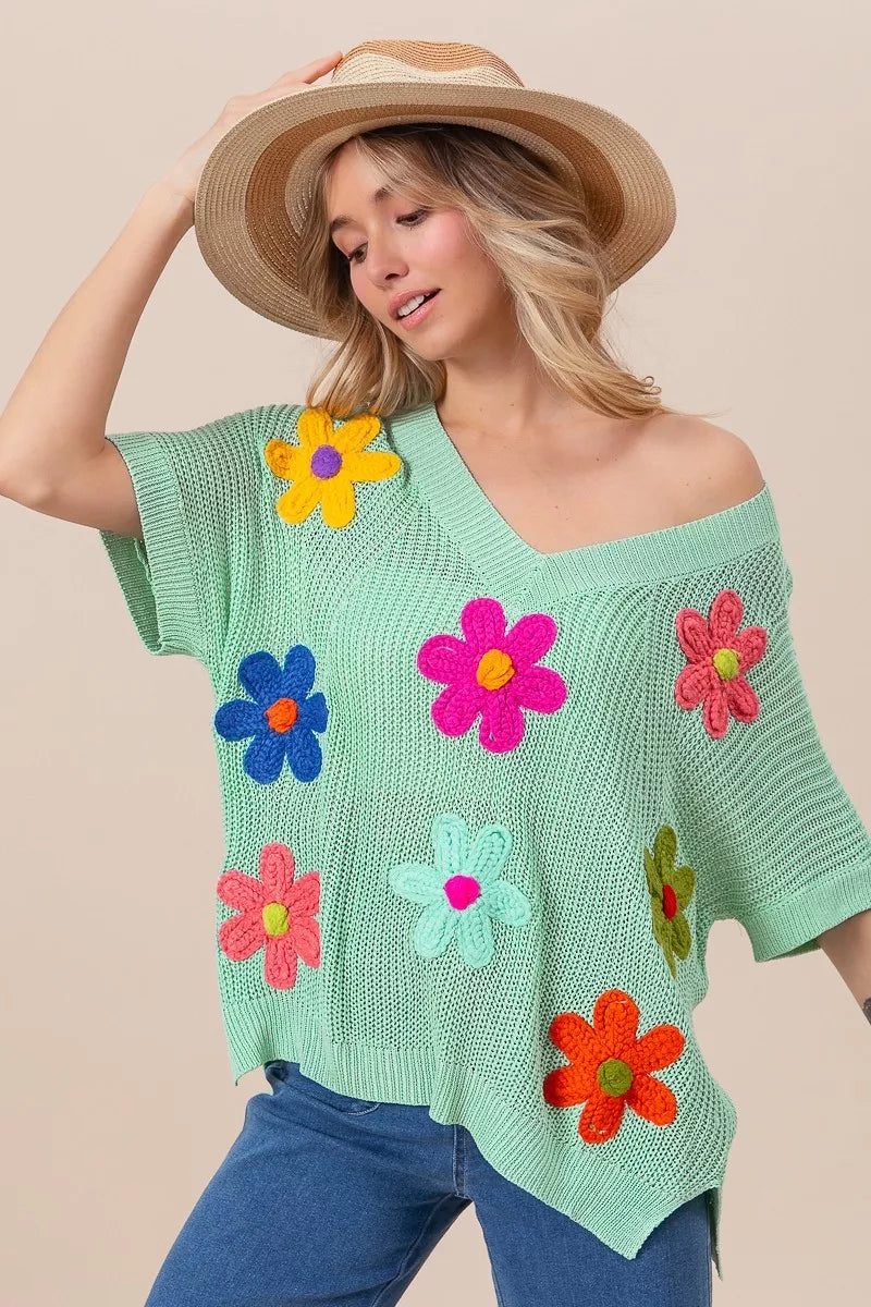 BiBi Flower Patch Dolman Sleeve Sweater – Lightweight Chic Style