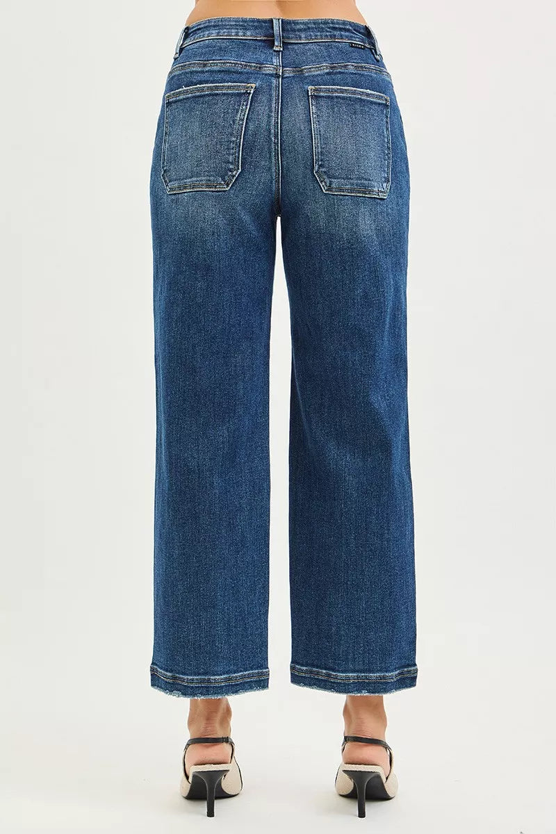 Women’s dark wash wide-leg jeans with back yoke and patch pockets