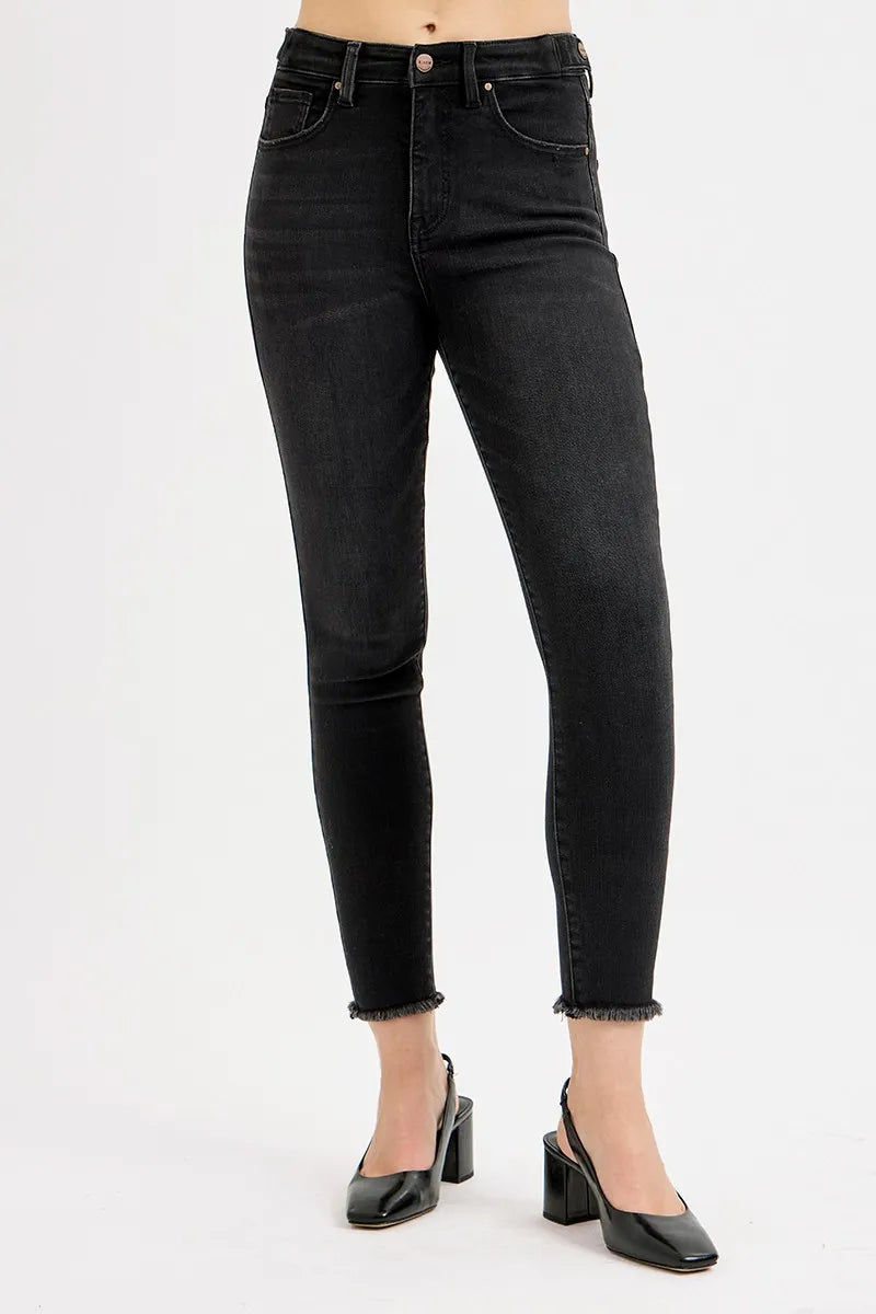 High-Waisted Black Skinny Jeans – Raw Hem Stretch Denim