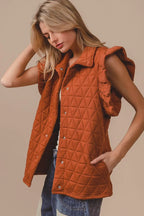 Rust Orange Quilted Vest Coat – Oversized Button-Up for Fall Layers