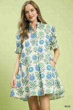 Blue floral babydoll dress with puff sleeves and V-neck, gathered waist skirt