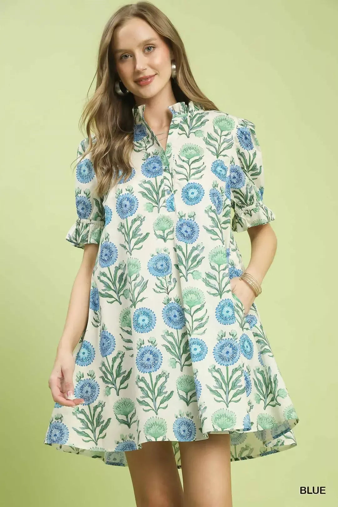 Blue floral babydoll dress with puff sleeves and V-neck, gathered waist skirt