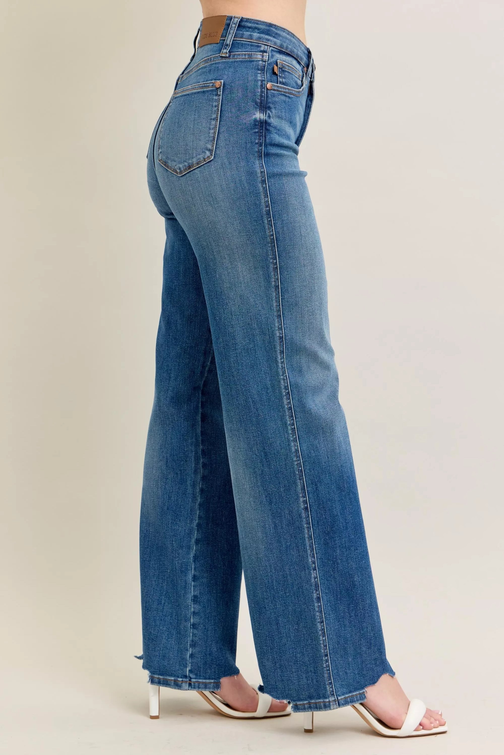 Judy Blue High Waist Tummy Control Wide Jeans – Chew Hem Destroyed