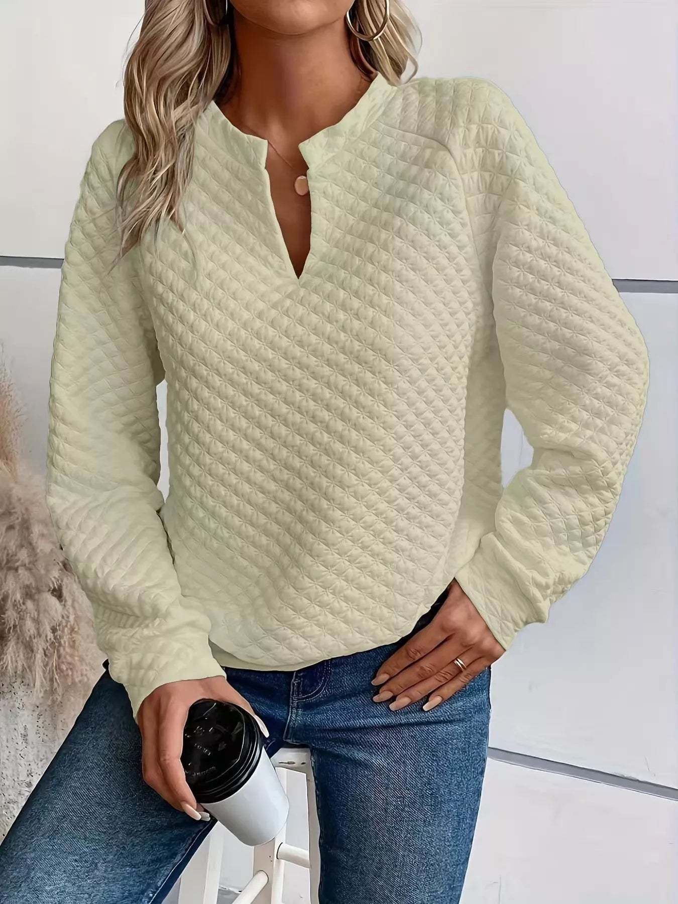 Notched Raglan Sleeve Sweatshirt – Casual Cozy Pullover