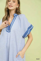 Blue pinstripe midi dress with V-neck contrast trim and short flutter sleeves