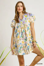 Floral Tie Neck Puff Sleeve Dress Vintage-Inspired Elegance
