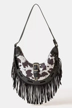 Cow print faux leather fringe hobo bag, black strap, crescent shoulder style