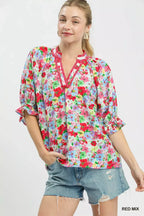 Red-and-blue mixed floral ruffle top, split V-neck with rolled cuffs