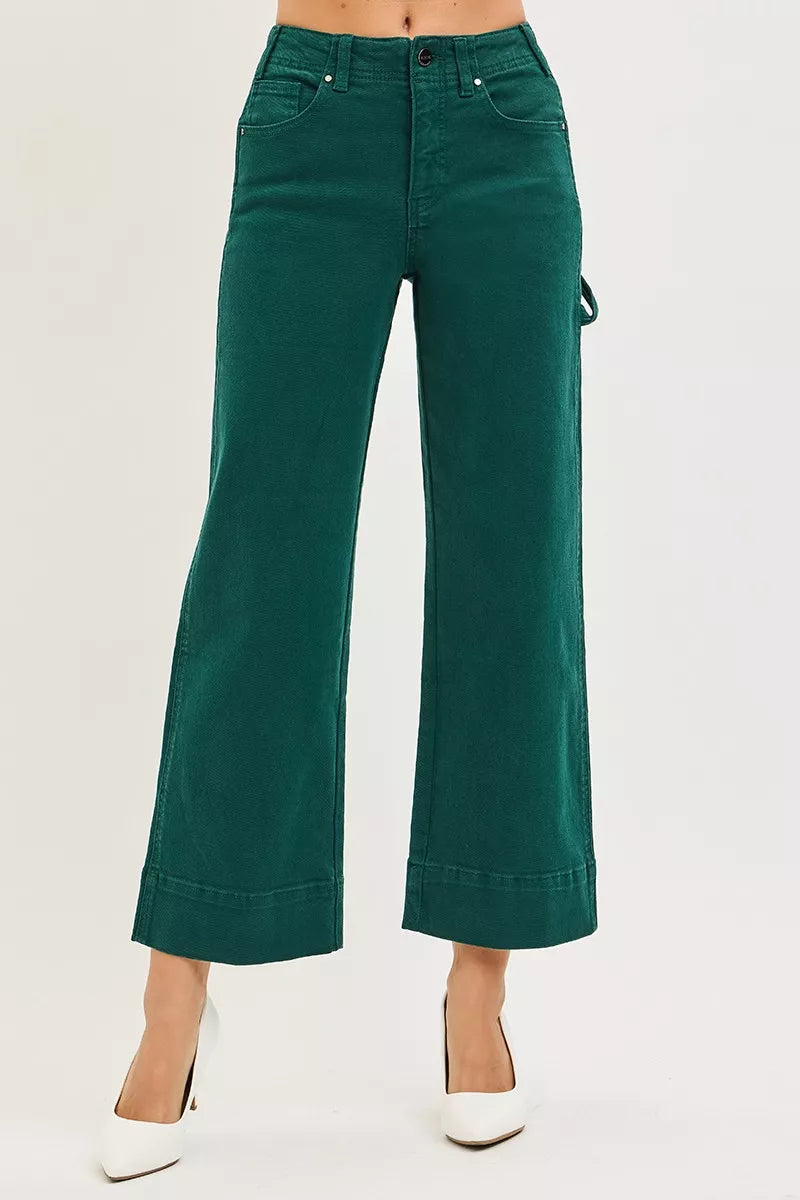 Hunter green high-rise wide-leg crop jeans for women, five-pocket style, button fly