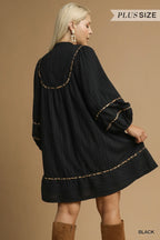 Textured Babydoll Dress with Leopard Trim Trendy & Playful Style