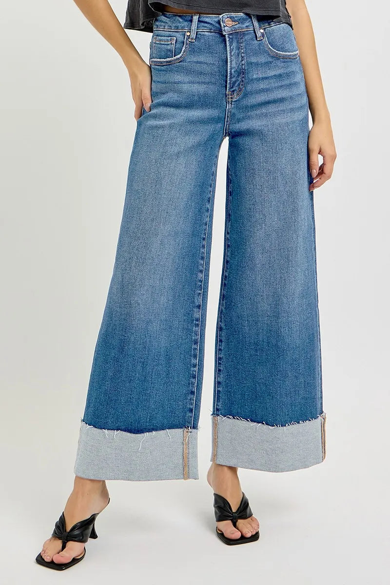 Tummy Control High Rise Crop Wide Cuffed Jeans | Slimming Trendy Fit