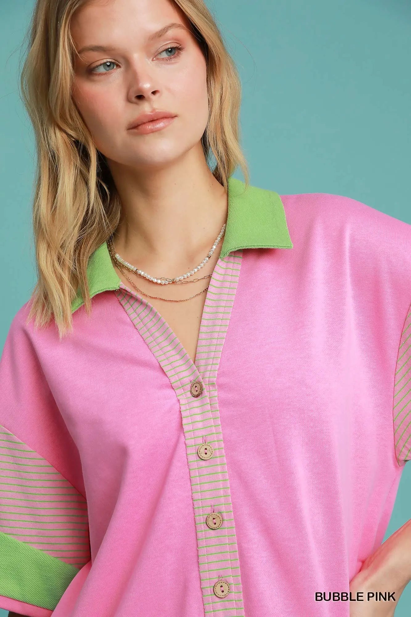 Pink & Green Colorblock Romper – Oversized Button-Up Summer Outfit