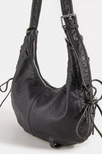 Black crescent shoulder bag with two zip pockets and adjustable shoulder straps