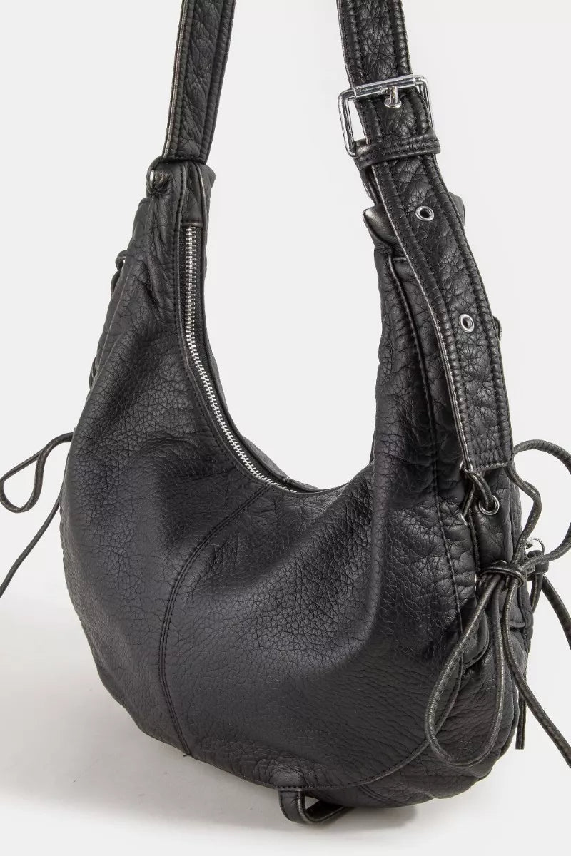 Black crescent shoulder bag with two zip pockets and adjustable shoulder straps