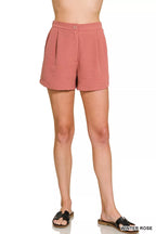 Women’s woven shorts, winter rose, front button elastic waist and straight shorts leg