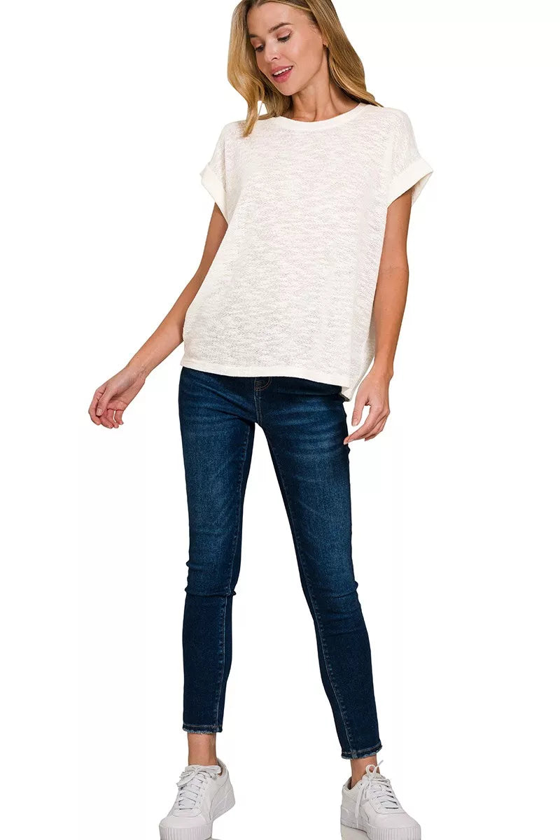 Ivory textured crew-neck tee with rolled short sleeves, straight hem