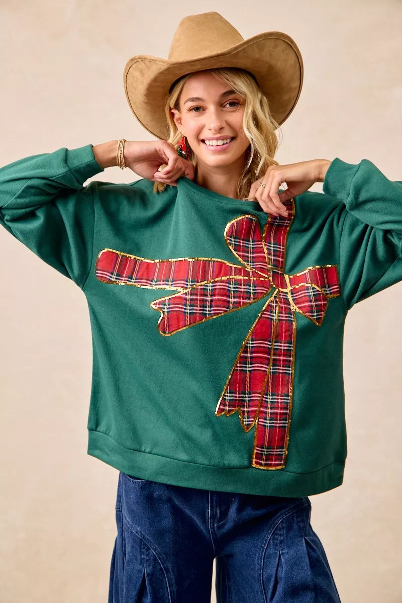 BiBi Plaid Ribbon Bow Christmas Fleece Pullover – Festive Cozy Holiday Top