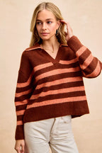 BiBi Striped Sweater Top – Trendy Collared Knit with Stitched Details