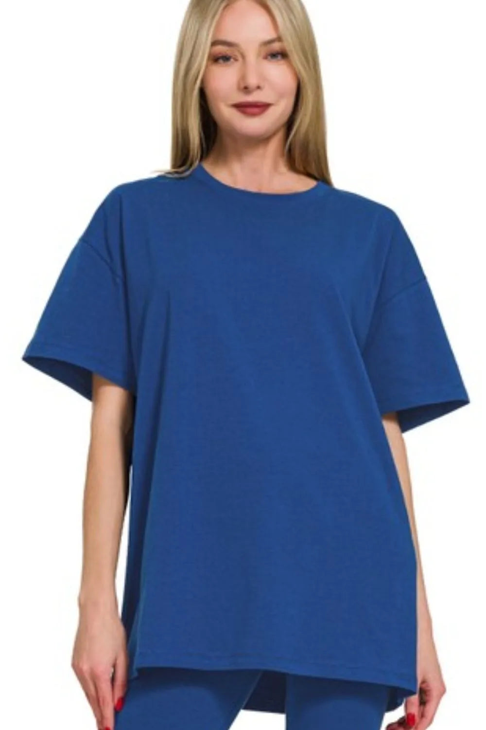 Light navy short-sleeve tunic with relaxed fit, paired with matching leggings