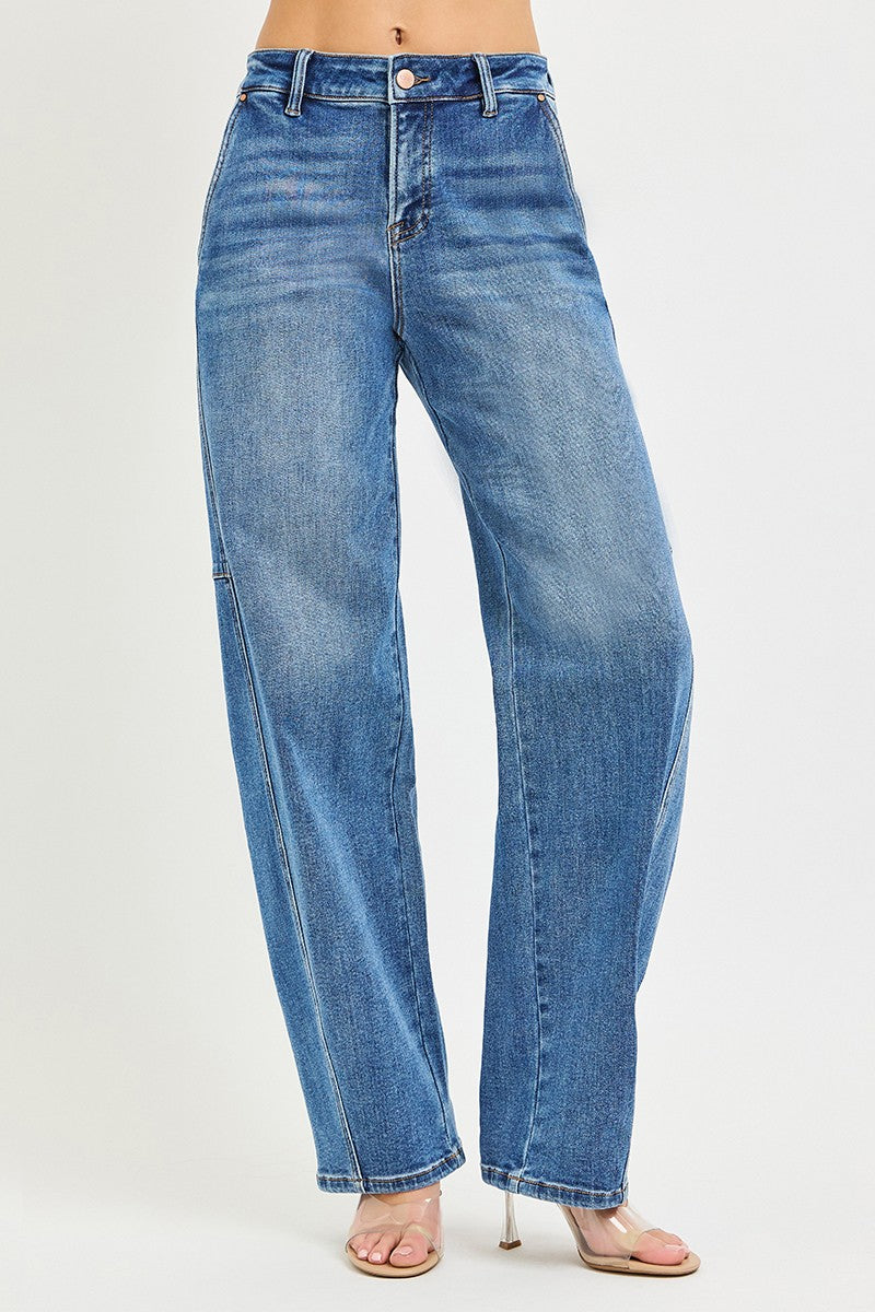 Medium-wash baggy jeans with button fly and relaxed straight legs, full front view
