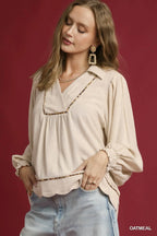 Linen Scallop Hem Blouse Contrast Trim Women’s Chic Casual Plus Top