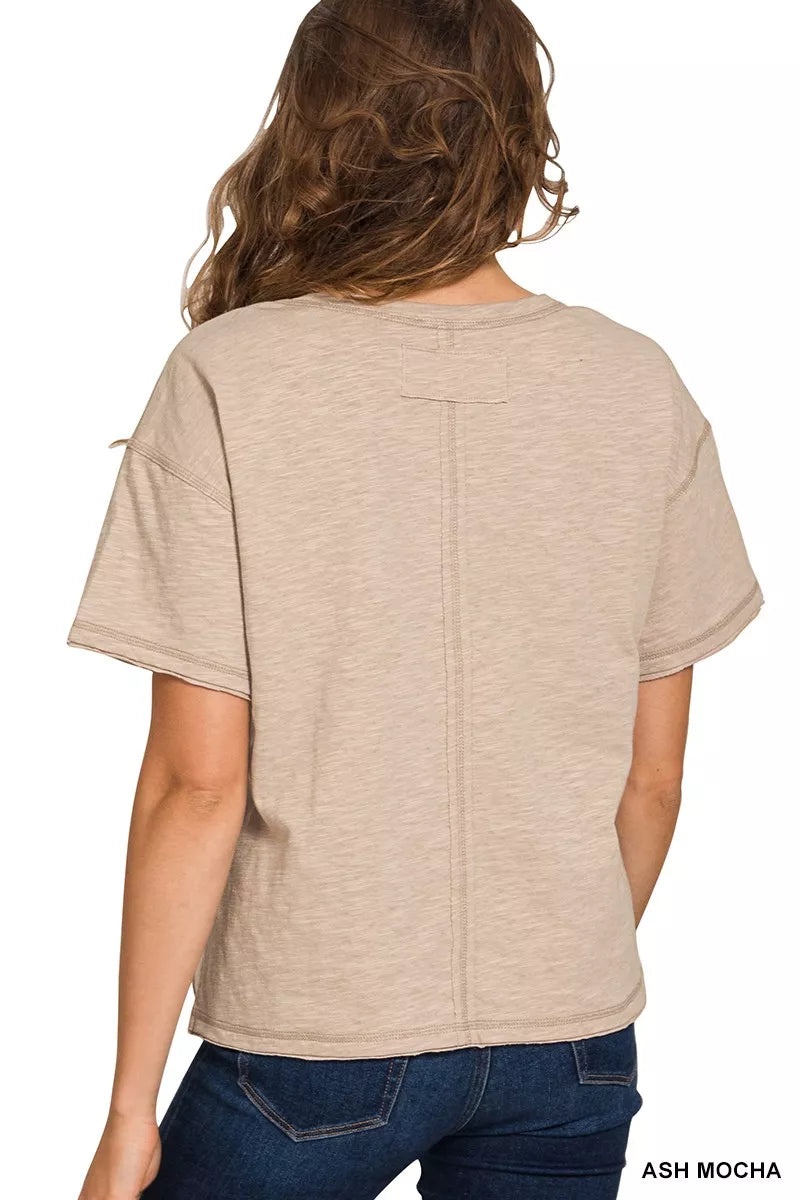 Women’s back view short-sleeve crewneck tee, ash mocha slub cotton knit