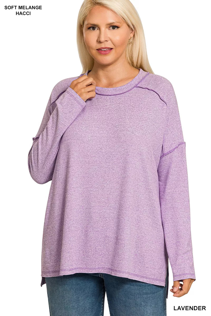 Zenan Soft Melange Hacci Exposed Seam Hi-Low Tee