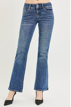 Medium wash low rise bootcut jeans, front view with belt loops and slightly flared legs