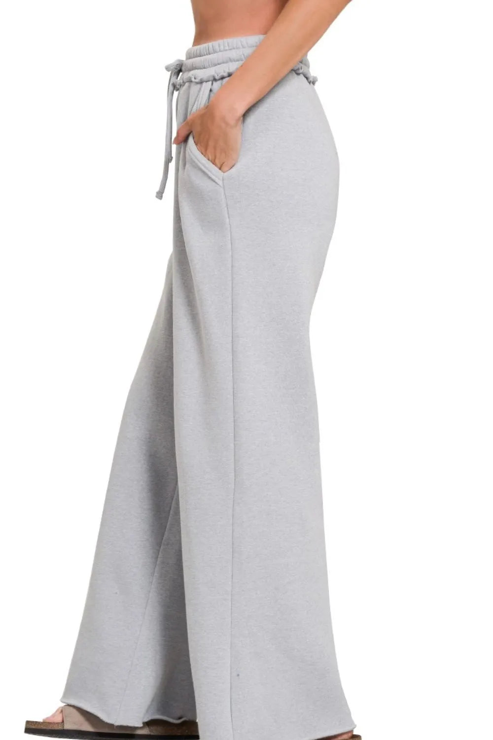 Heather Gray Wide-Leg Pants – High Waist, Drawstring & Cotton Blend