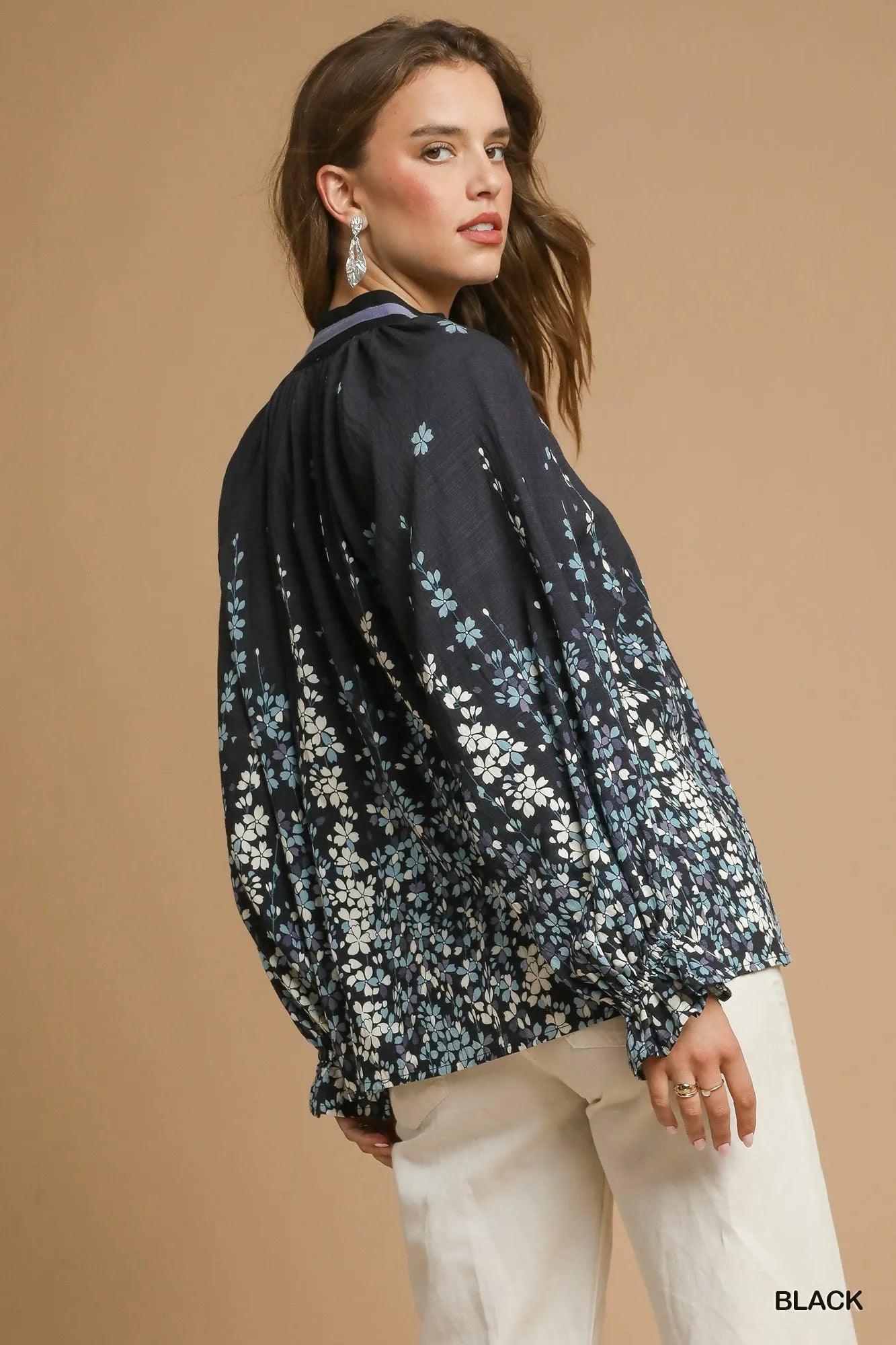 Floral Vine Print Blouse – Elegant Balloon Sleeve Feminine Top