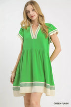 Green linen color-block flutter sleeve dress with V-neck and striped trim hem