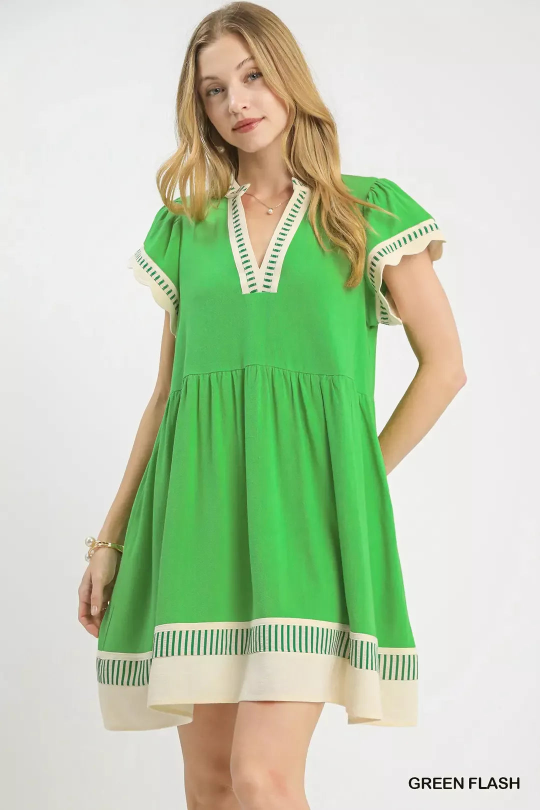 Green linen color-block flutter sleeve dress with V-neck and striped trim hem