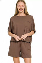 Women’s brown cotton loungewear set: loose boxy top with chest pocket and two-piece shorts