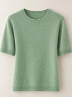 Sea-green round-neck short-sleeve sweater with ribbed hem and cuffs