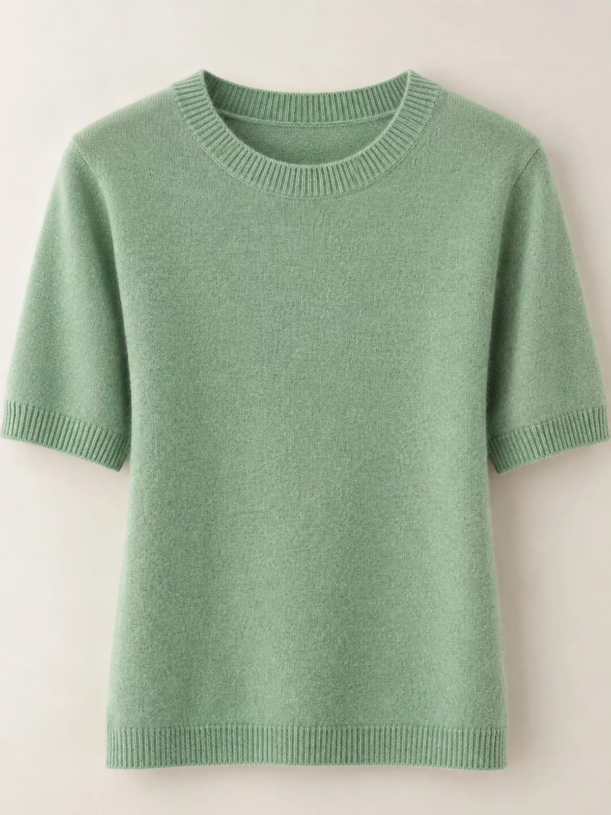 Sea-green round-neck short-sleeve sweater with ribbed hem and cuffs
