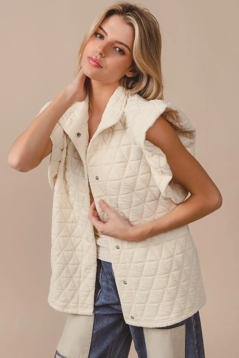 Cream Quilted Vest Coat – Diamond Pattern Button-Front Layering Piece
