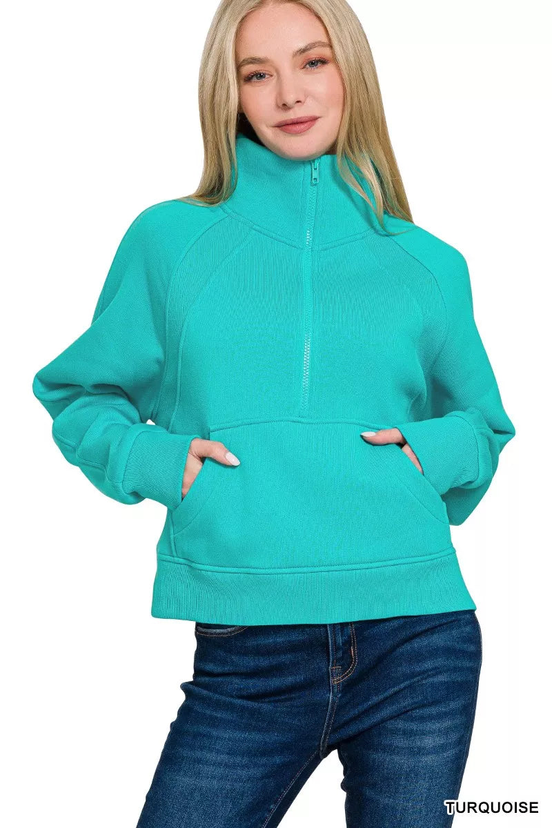 Zenana Fleece Half Zip Sweatshirt – Cozy Kangaroo Pocket Everyday Style