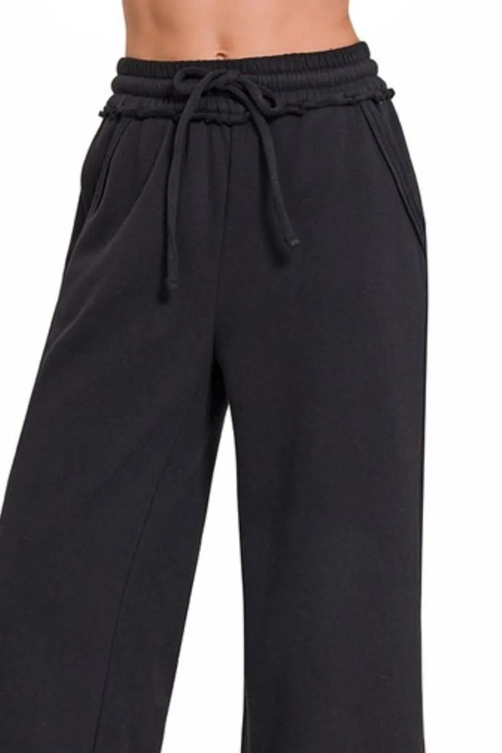 Black Wide Leg Pants – Soft Cotton Blend, Drawstring & Pockets