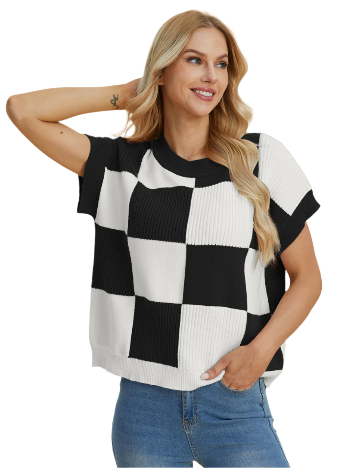 Double Take Checkered Round Neck Short Sleeve Sweater