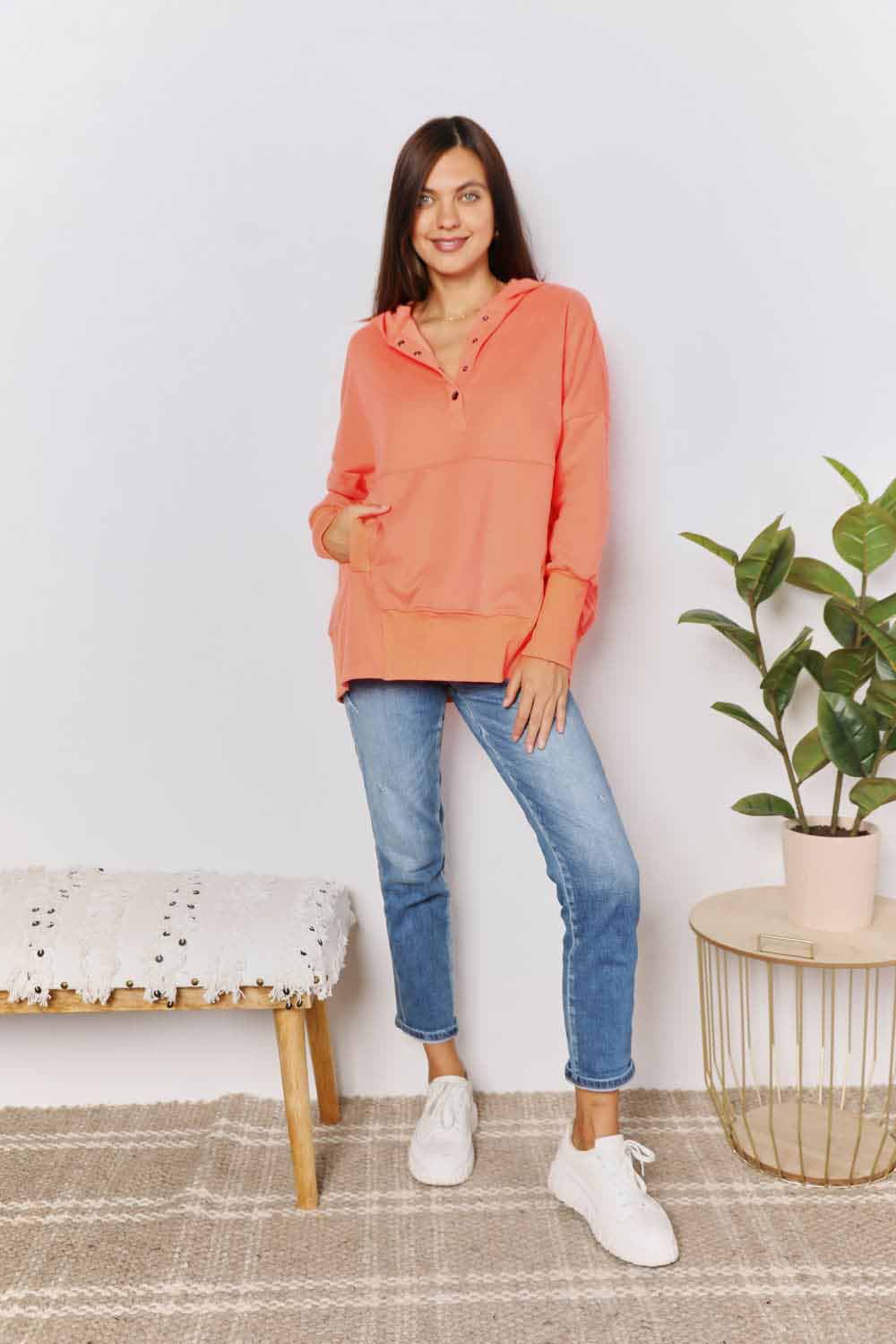 Double Take Quarter Snap Dropped Shoulder Hoodie