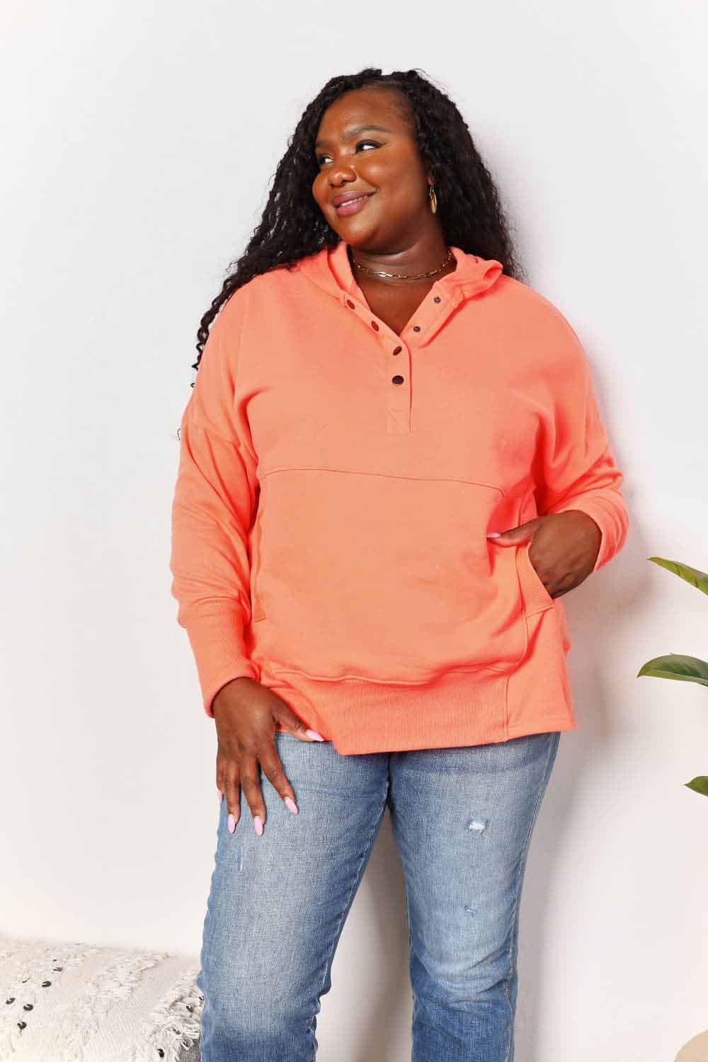 Double Take Quarter Snap Dropped Shoulder Hoodie