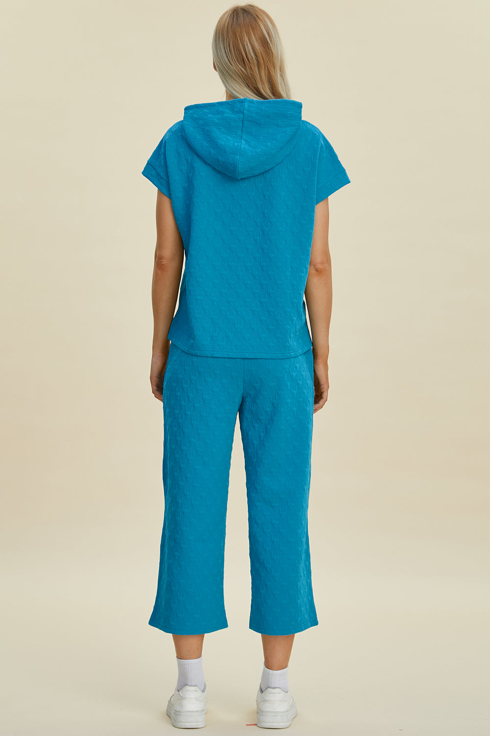 Cerulean short-sleeve hoodie and wide-leg pocket pants set, back view with drawstring hood