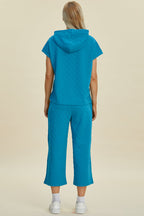 Double Take Texture Drawstring Short Sleeve Hoodie and Pocketed Pants Set