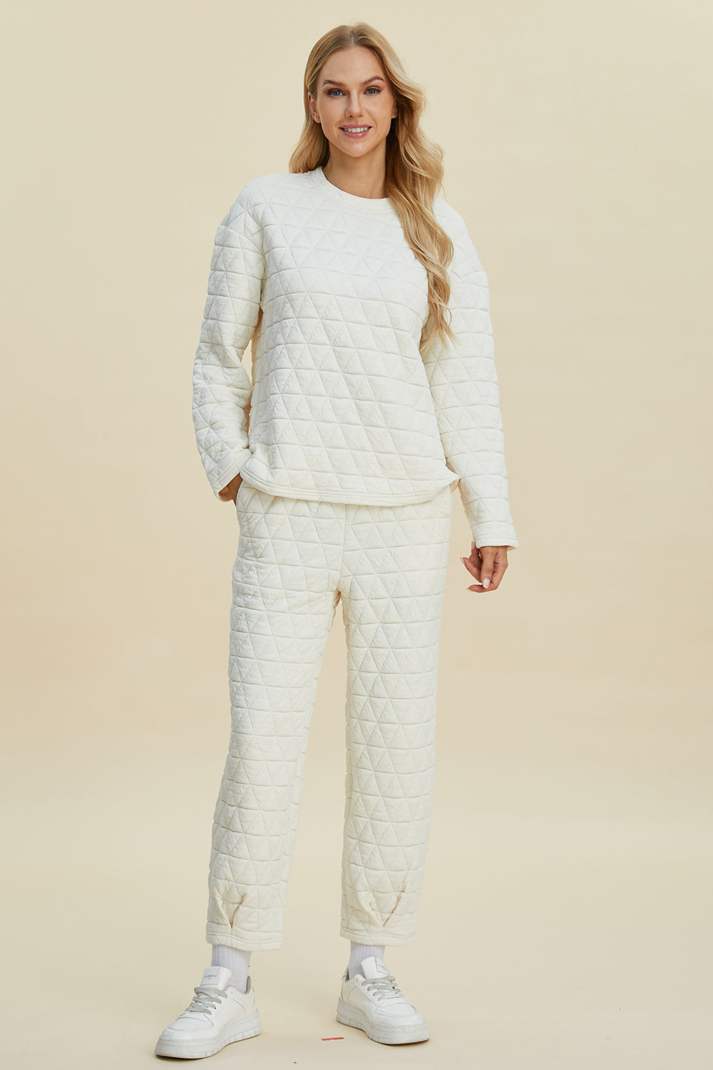Quilted round-neck long-sleeve top and matching pants set, off-white, full view