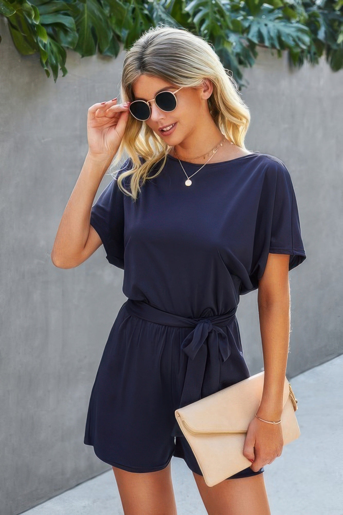 Dreamkue Boat Neck Short Sleeve Waist Tie Loose Romper
