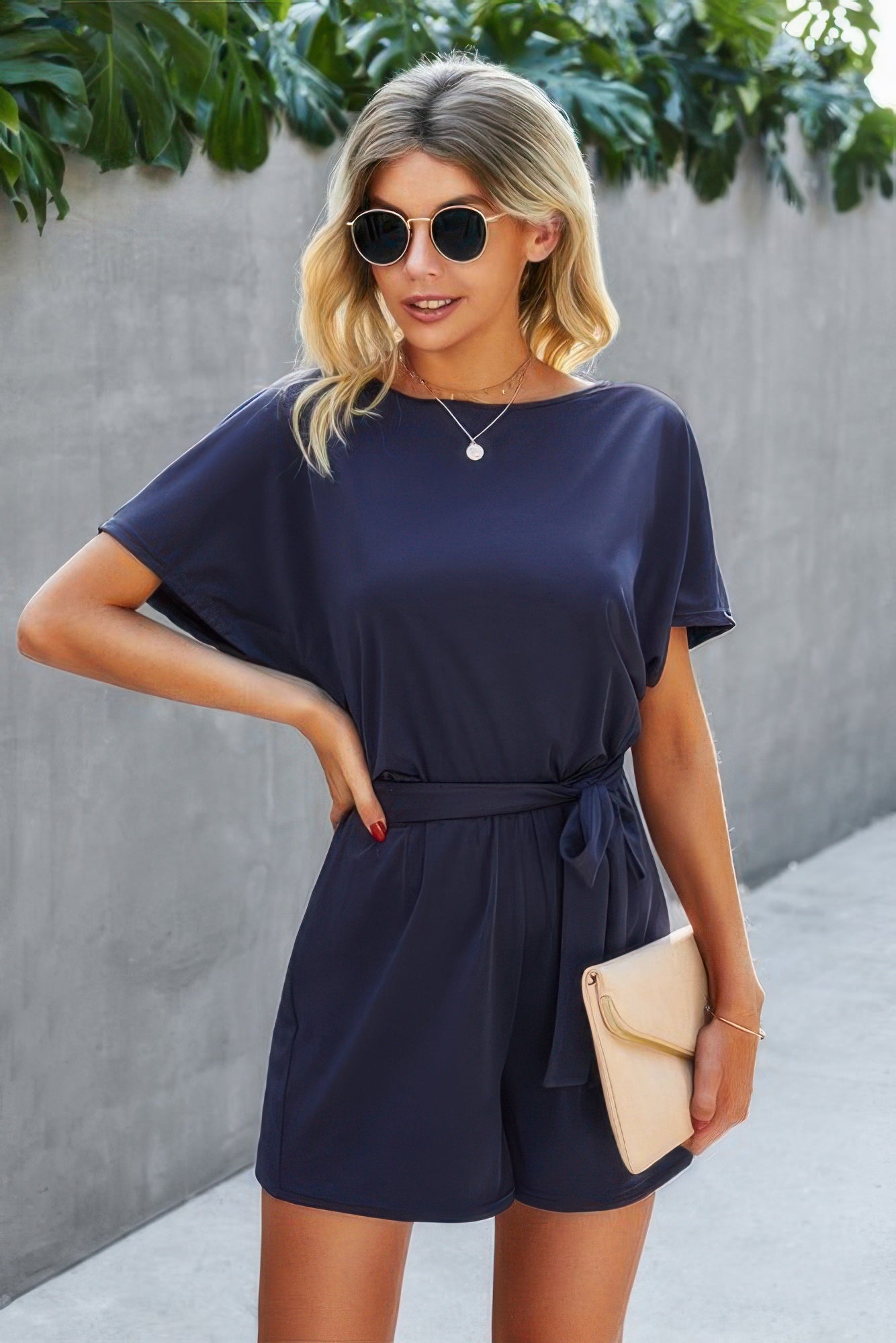 Dreamkue Boat Neck Short Sleeve Waist Tie Loose Romper