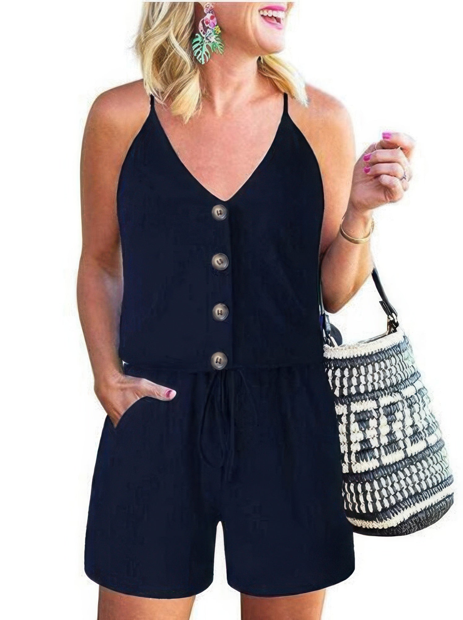 Dreamkue Button Sleeveless Spaghetti Strap Cami Romper