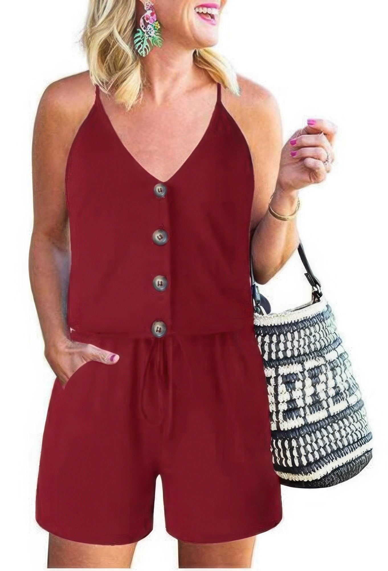 Dreamkue Button Sleeveless Spaghetti Strap Cami Romper