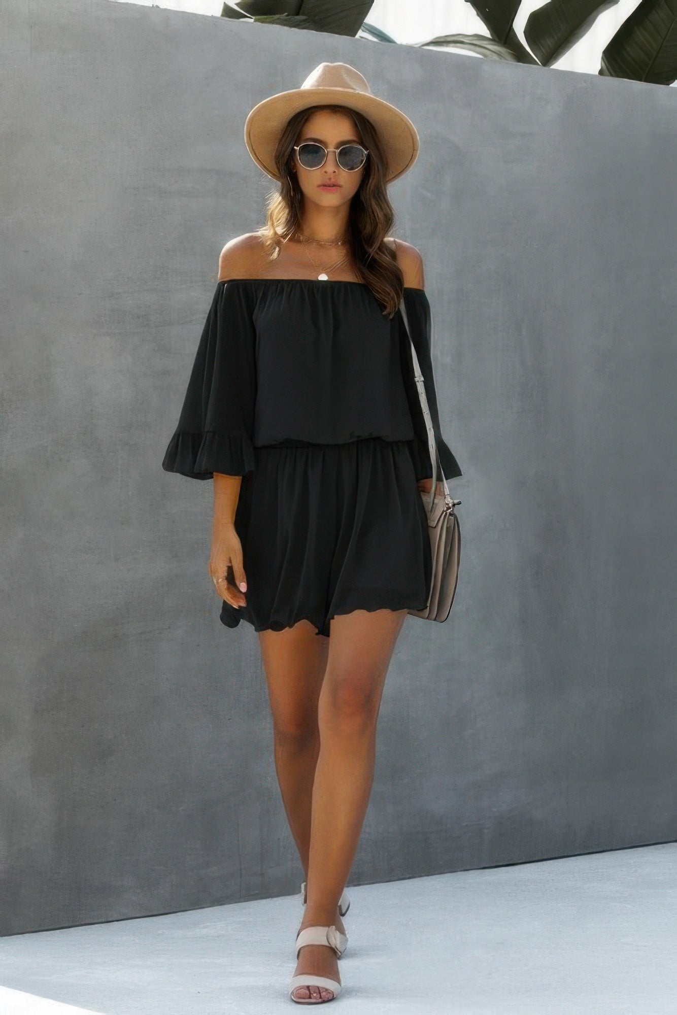Dreamkue Chiffon Off Shoulder Flare Sleeves Loose Romper
